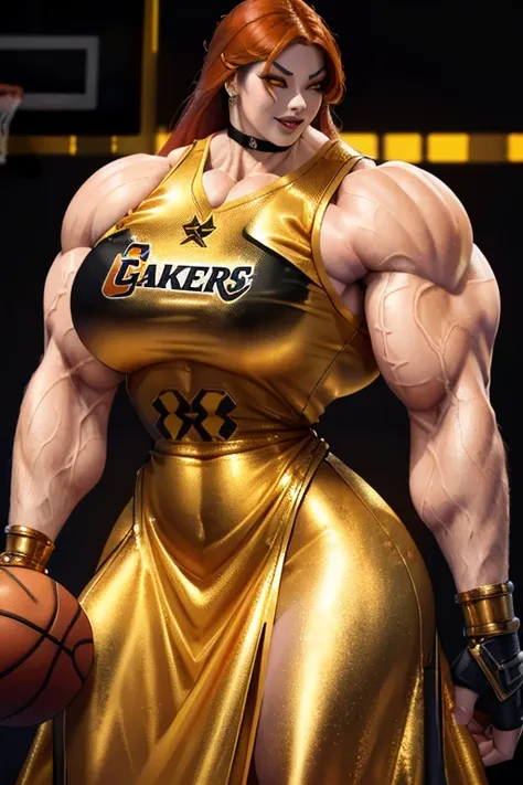 ((Close-up)), tall, (red hair) beautiful muscular asian woman, long hair, white skinned, ((smirking)), (black lipstick), (massive muscles), (hyper muscle), ((ginormous bulky muscles)), yellow eyes, ((((long metallic basketball jersey Dress)))), (Crystallin...