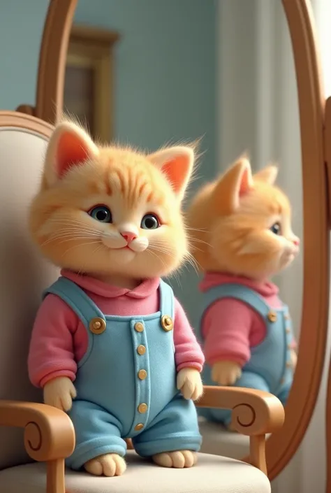 Light orange cat wearing blue pajamas and pink shirt sitting on dressing chair in front of mirror 