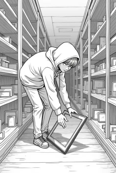 A guy wearing a HOODIE at an antique shop picking a picture frame that fell on the floor. make tha drawing 2D AND NOT REALISTIC, ANIME STYLE WITH ONLY BLACK AND WHITE COLOR