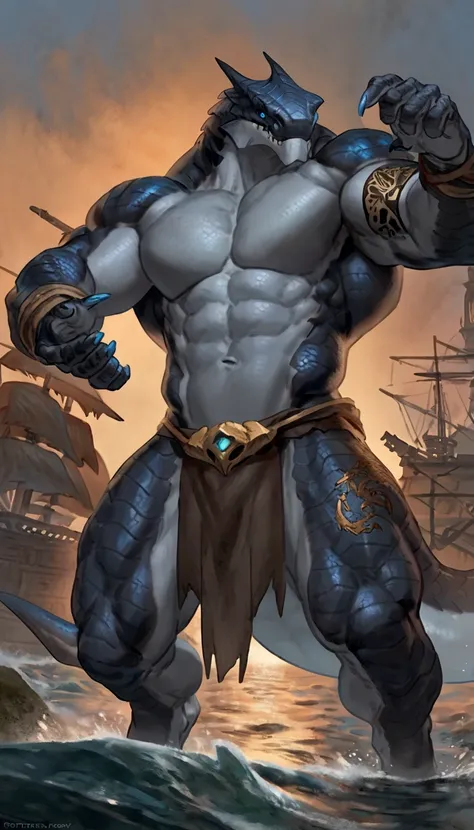 sharkman, gray belly, black and blue hands and fins, black back, solo, big arms, koholasaurus from genshin impact, bara, detailed smooth skin on abs, lizard shark hybrid, anthro, closed mouth, detailed scales, muscular, thick scales on arms and legs, propo...