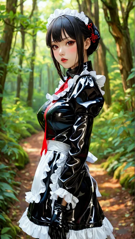 Highest quality,Full size. Japanese model, 25 years old.Dissatisfied,Standing on a forest path. My latex maid’s suit, covering the whole body.long latex shirt,long latex skirt, latex gloves,red latex apron,latex stockings,hands on the sides.