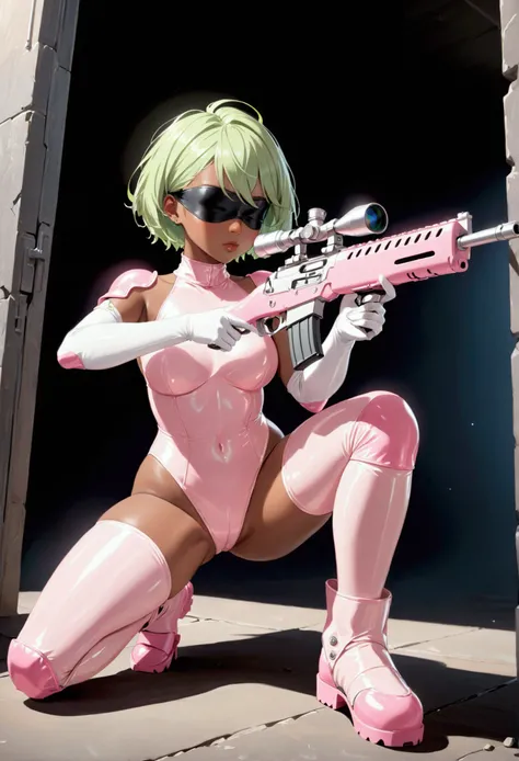 nsfw, 1girl, dark skin, (lime colored messy short hair), black plastic blindfold, white elbow gloves, white latex stockings, high neck haltered pink latex leotard, pink shoulder pads, pink elbow pads, pink knee pads, pink ski boots, full body, rifle aiming...