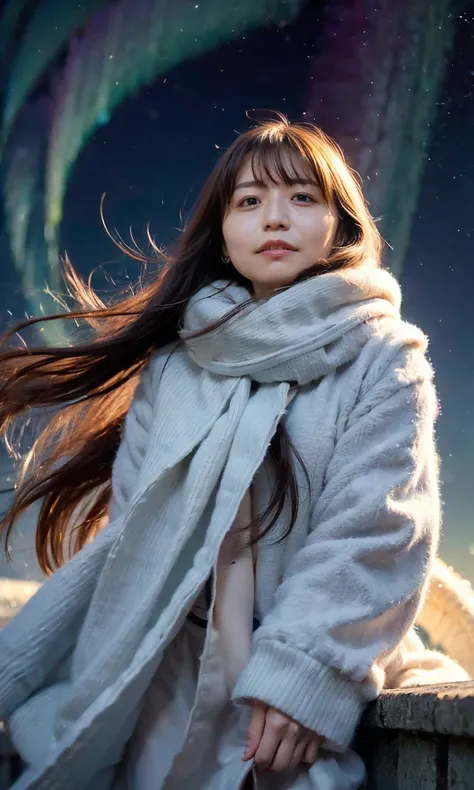 (   Aurora、 watching the night sky in frigid regions 、Wearing a fluffy scarf 、 her breath is white expression   、 woman looking up at the starry sky with an unnuited expression、   night background 、that&#39;Outdoors at night)、(     plump breasts  、   Compl...