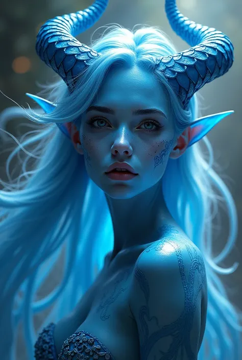 Dragborn humanoid pretty female with horns an blue skin