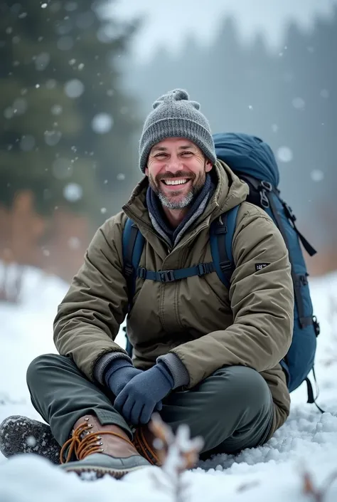 smiling man sitting on the ground in a winter jacket, hat and boots, warm hiking suit , winter, happy tourist in a jacket with a hiking backpack,  sportswear