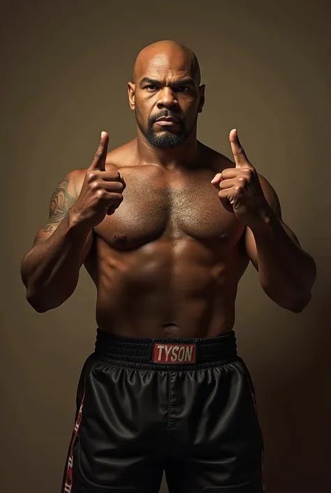 (photorealism:1.2), mike tyson, with boxing shorts on, hands naked, making metal music symbol with fingers, being e metalhead, indoors, soft lighting, plain background, boxer pose, realistic, intricate details, warm colors