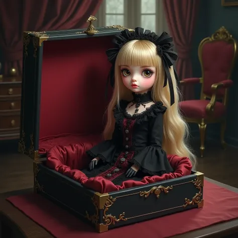 Bisque doll in a box, gothic-style illustration of an opened box in a revealing a delicate bisque doll in the form of a blonde-haired girl. The doll is dressed in an intricate, black and burgundy Gothic outfit adorned with lace and ribbons, with porcelain ...