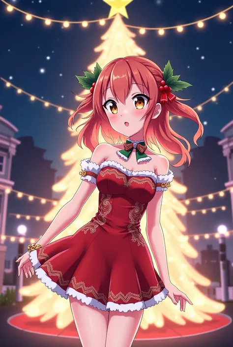 
Berry Hoshimiya in a two-dimensional style idol event， The costume is a short Christmas dress， The background is illuminated at night ，Christmas tree on the street 