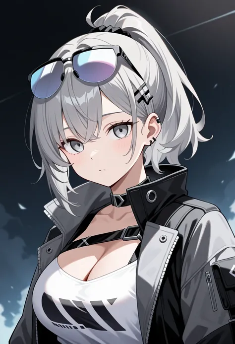 1girl,breasts,Alone,eyewear_on_head,black_jacket,jacket,cleavage,shirt,grey_hair,grey_eyes,open_jacket,bangs,ponytail, Max Image、 top quality、HD,４k