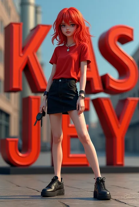 A girl character with red hair red t-shirt wearing a black skirt age of 20 years, black air Force shoes, she must be a little bit real standing at the letters written KAS JEY holding an iPhone 16 promax and car keys 