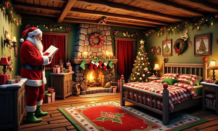 1 man in christmas pajamas,embarrassed,apologizing to santa,santas village in the north pole,many wrecked elf houses,dead monsters,santa furiously writing,highly detailed,8k,photorealistic,3d render,concept art,warm colors,dramatic lighting