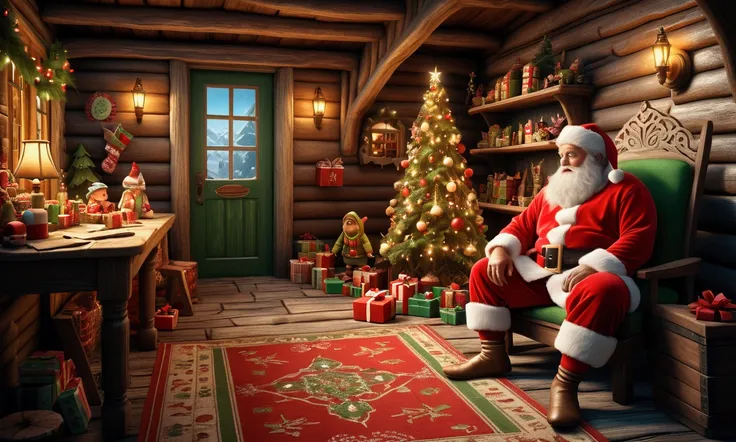 1 man in christmas pajamas,embarrassed,apologizing to santa,santas village in the north pole,many wrecked elf houses,dead monsters,santa furiously writing,highly detailed,8k,photorealistic,3d render,concept art,warm colors,dramatic lighting