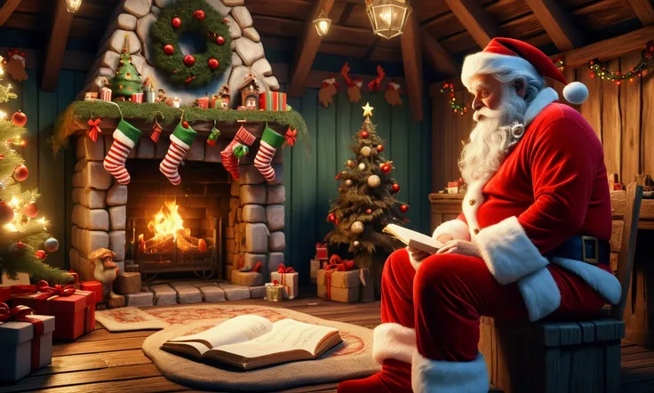 1 man in christmas pajamas,embarrassed,apologizing to santa,santas village in the north pole,many wrecked elf houses,dead monsters,santa furiously writing,highly detailed,8k,photorealistic,3d render,concept art,warm colors,dramatic lighting