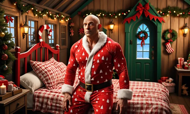 A muscular bald man in Christmas-themed pajamas, embarrassed and apologizing to Santa in Santas village at the North Pole, with many wrecked elf houses and dead monsters around, detailed facial features, highly detailed, 8k, photorealistic, dramatic lighti...