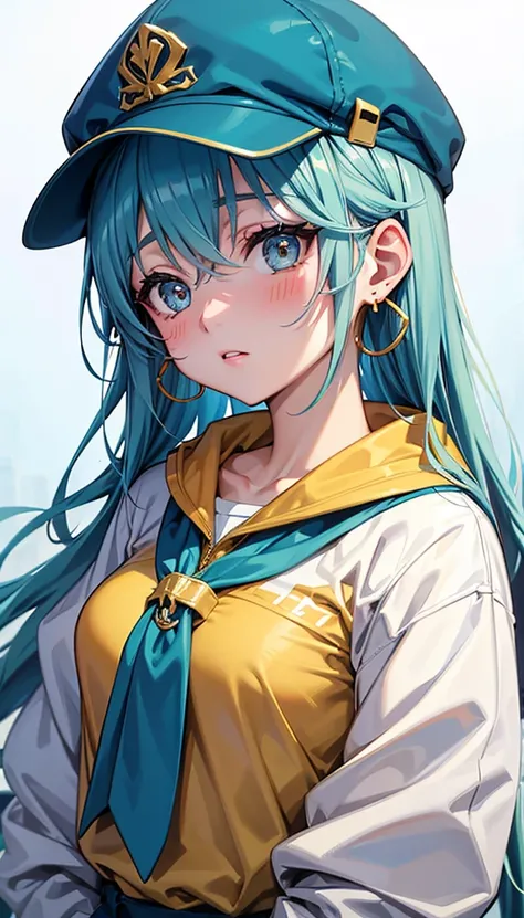 Ski style, miku havesune, masterpiece,  best quality , 1 Girl,  blush,  watery eyes, cap, Shut up, earrings, have, hoop earrings, Jewelry,  Watching the Audience , shirt,  simple background,  unique ,  upper body, yellow shirt