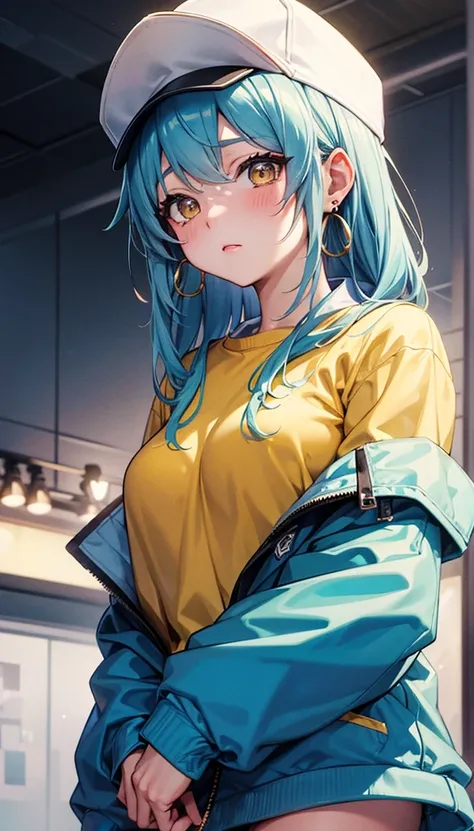 Ski style, miku havesune, masterpiece,  best quality , 1 Girl,  blush,  watery eyes, cap, Shut up, earrings, have, hoop earrings, Jewelry,  Watching the Audience , shirt,  simple background,  unique ,  upper body, yellow shirt