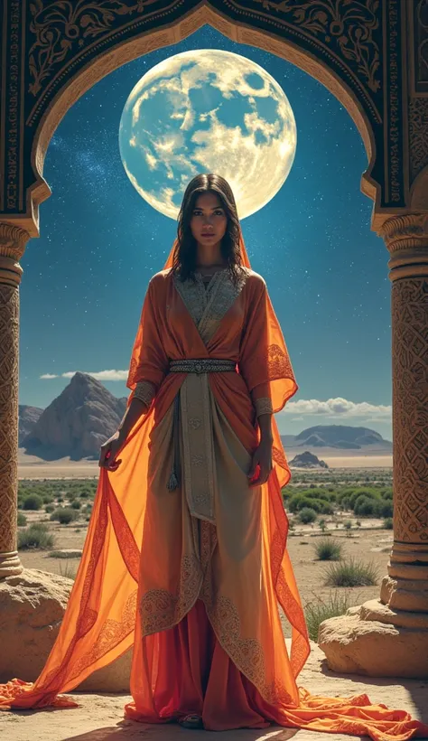 Create a surreal very realistic high details masterpiece capturing the essence of the New Moon in Scorpio. The scene should be a hand-drawn marvel with 32k resolution, featuring a full-body figure of an Arabian modest, cute woman standing realistic details...