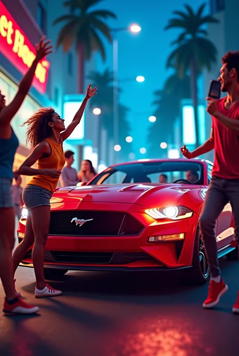 The image shows a scene with several people in front of a red car. The focus is on individuals dancing near the vehicle, with vibrant lighting in the background, creating a party-like atmosphere. The setting appears energetic and colorful, with blue, red, ...