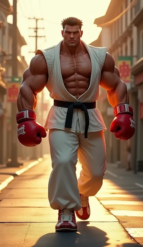 Ryu from Street Fighter 2 walks confidently down a street, his hyperrealistic body reflecting the games exaggerated proportions. Large, powerful muscles, broad shoulders, and a well-defined chest showcase his immense strength. His hands and feet are notabl...