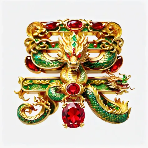 masterpiece， top quality，, A Chinese dragon circling from beginning to end。，Exquisite gold jewelry ，luster，Invert image， A sparkling red gemstone ，Elegant and noble, Simple background ((  white background ))