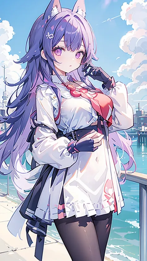 masterpiece,  best quality ,KFC, 1 Girl,  bangs, only_Shoulder, skirt, breast, Gloves, Jewelry, Large target_breast, Long_hair, Long_sleeve, Tights, Purple_Eye, Purple_hair, shirt,  unique , viewers,sunglasses, bikini, (sun, cloud, Renaissance waterside ci...