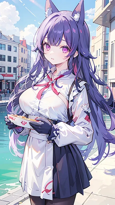 masterpiece,  best quality ,KFC, 1 Girl,  bangs, only_Shoulder, skirt, breast, Gloves, Jewelry, Large target_breast, Long_hair, Long_sleeve, Tights, Purple_Eye, Purple_hair, shirt,  unique , viewers,sunglasses, bikini, (sun, cloud, Renaissance waterside ci...