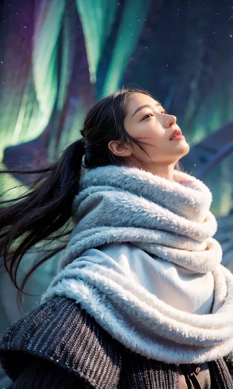 (   Aurora、 watching the night sky in frigid regions 、Wearing a fluffy scarf 、 her breath is white expression   、 woman looking up at the starry sky with an unnuited expression、   night background 、that&#39;Outdoors at night)、(     plump breasts  、   Compl...