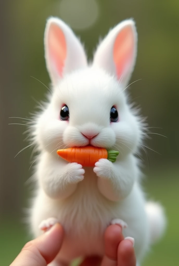 Holding a little rabbit in his hand， Little Minzis body is the size of a nail cover ，White furry，It holds a small object similar to a carrot in its mouth。Natural background blurry ， to highlight the cute image of Little Minzi 。