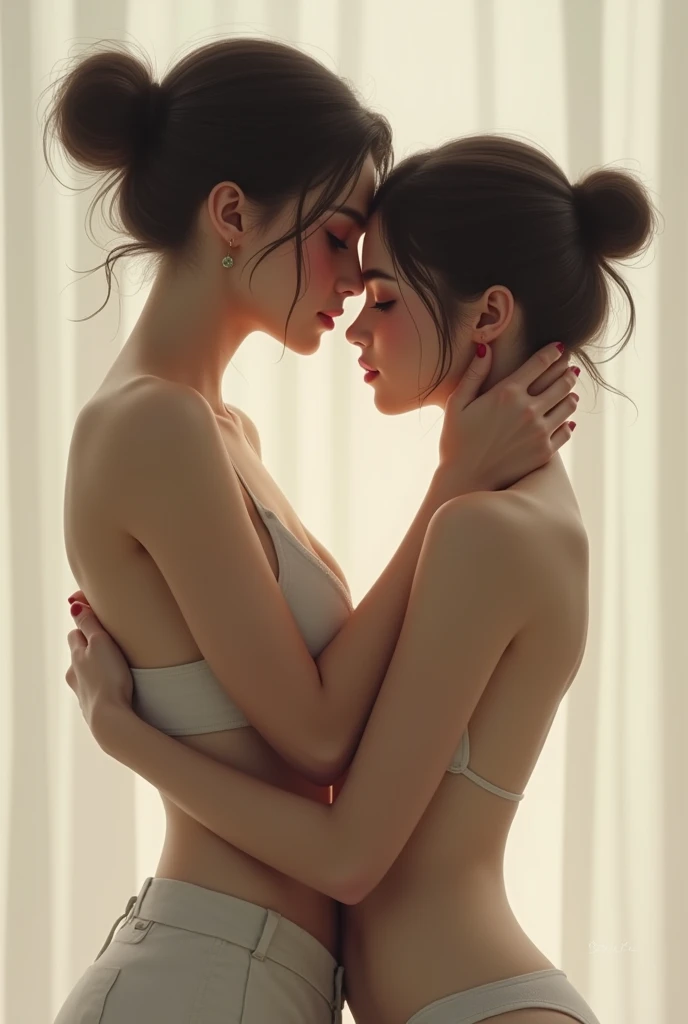 girl kissing on the back of the neck of a girl with a slicked back hairbun