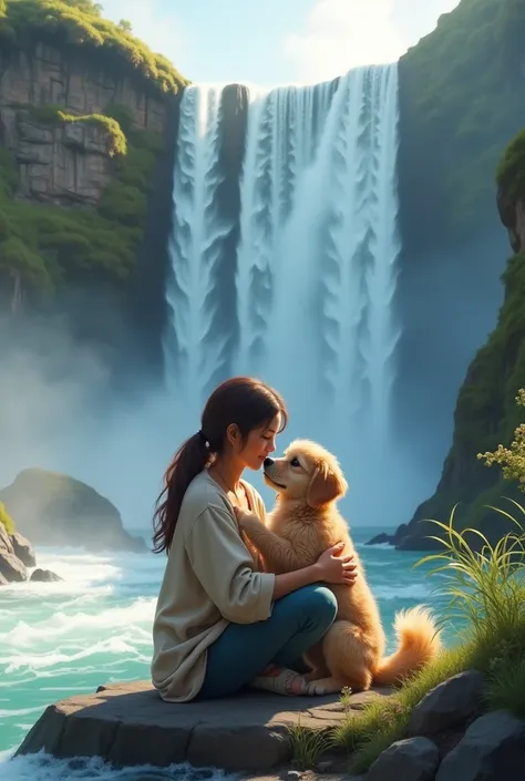  hugging her little dog , sitting on the edge of the waterfall
