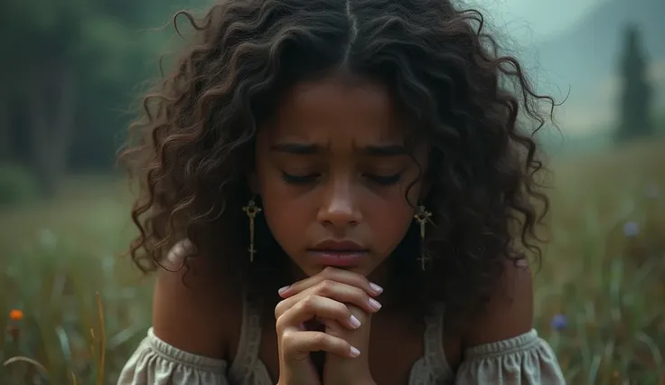 A beautiful curly girl 13yo, wearing cross earrings,feeling sad while praying and elegantly wrapping around her hands in a prayer position, hands raised in worship, tears glistening on her cheeks sitting in the middle of a deeply on a faraway world,sad exp...