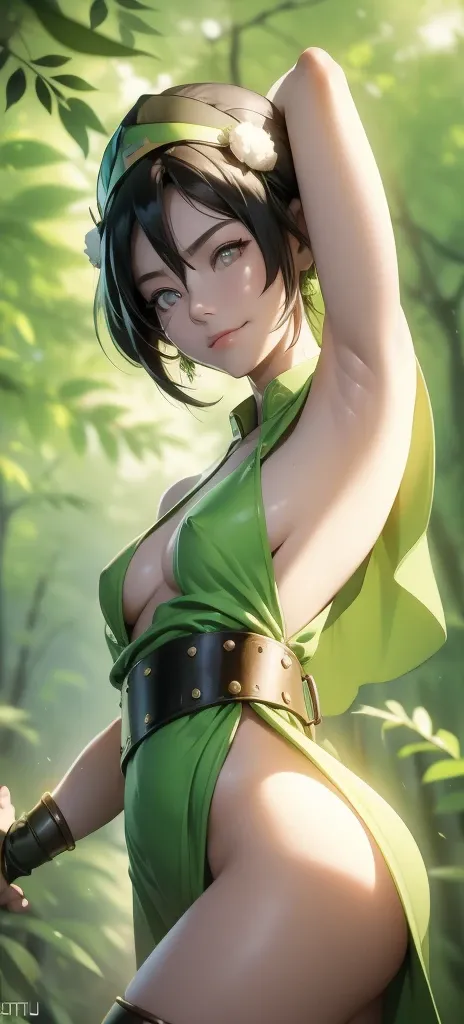 Toph beifong  ,happy, showing big ass, half naked, Forest background, smiling, sexy, topless. (((showing armpits and pussy half naked))) 