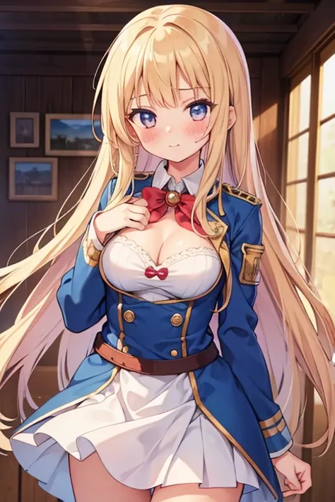  1 girl in uniform, solo,  high definition ,  long hair, chest,  and blushing ,  cowboy shot,  One Piece Dress, 