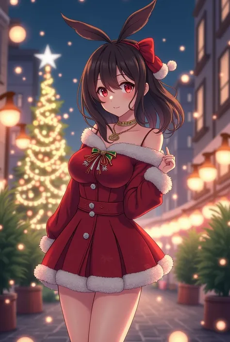 Two-dimensional style Hoshimiyaberry medium long hair， red eyes， The costume is a short Christmas dress， The background is illuminated at night ，Christmas tree on the street 