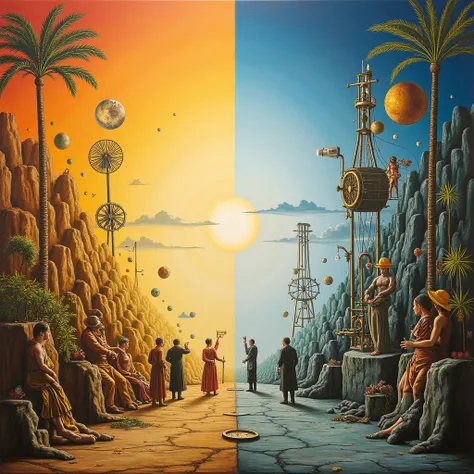 The image shows a scene divided into two worlds, symbolizing opposite or interrelated aspects of human life. The elements of nature, mechanics and human interaction are depicted on the right and left. One world is painted with warm tones symbolizing light,...