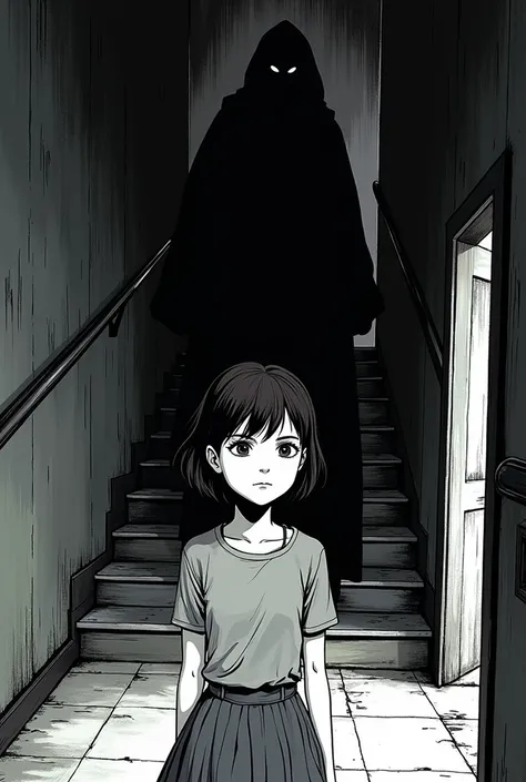  Create the cover of in comic inspired by a girl with short and dark hair,  a black entity and some stairs to the second floor , in black and white and in a way of drawing  