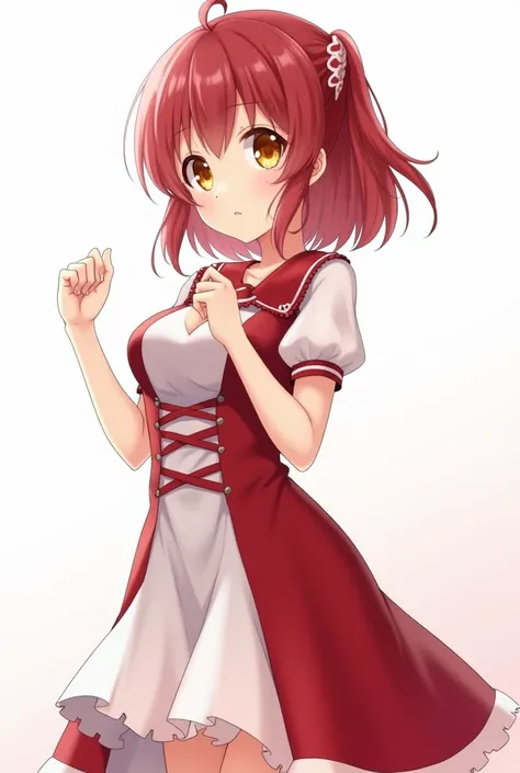 A girl wearing a red and white dress and we can see her breast and private part more and her breast and pussy and her eyes colour is yellow and her hair colour is rad and the background is white and she is  so makes her young and anime style