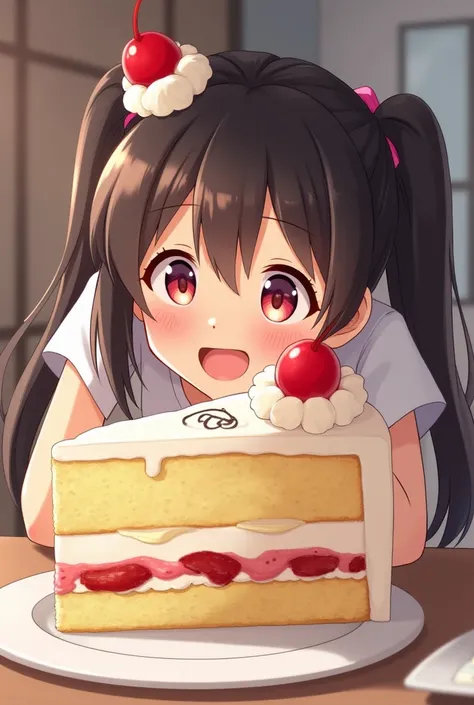 Prompt dimage :  A  with a huge piece of cake, les yeux brillants et un sourire béat, Ready to bite .