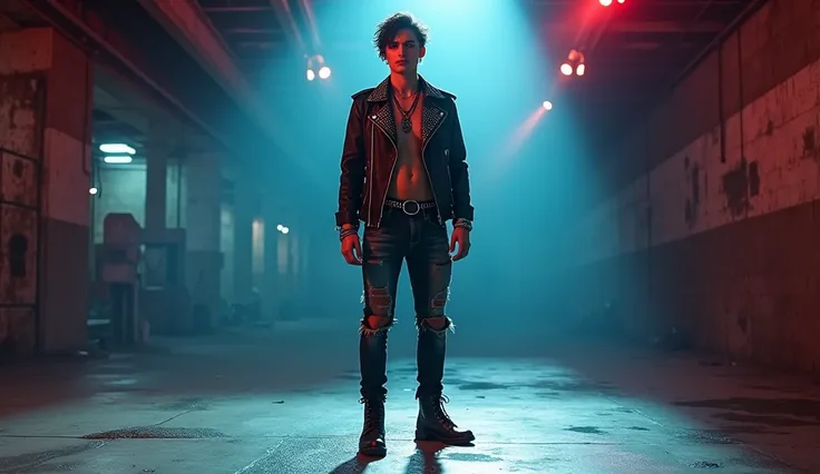 A charismatic young man with a rockstar appearance playing an electric guitar in an empty warehouse. He wears a studded leather jacket, ripped jeans, and boots, accessorized with bracelets and necklaces, exuding raw rockstar energy. The scene features indu...