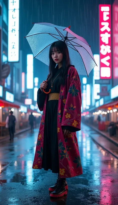 A stunning neon-lit scene of a beautiful korean woman chubby and looking at the camera standing confidently under the rain-soaked streets of Tokyo. long black mixed pink hairstyle. She wears a futuristic modern kimono, skillfully layered over streetwear, a...