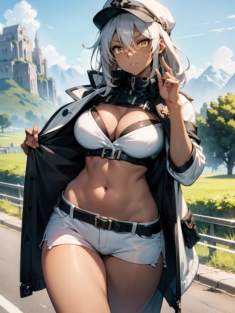 (​masterpiece、top-quality、hight resolution、Unity 8k、extremely details CG:1,Best Picture), 1girl, Grey hair, yellow eyes,((((dark skin)))), Emphasis on cleavage, "A provocative woman hitchhiking on a deserted rural road, surrounded by open fields and distan...