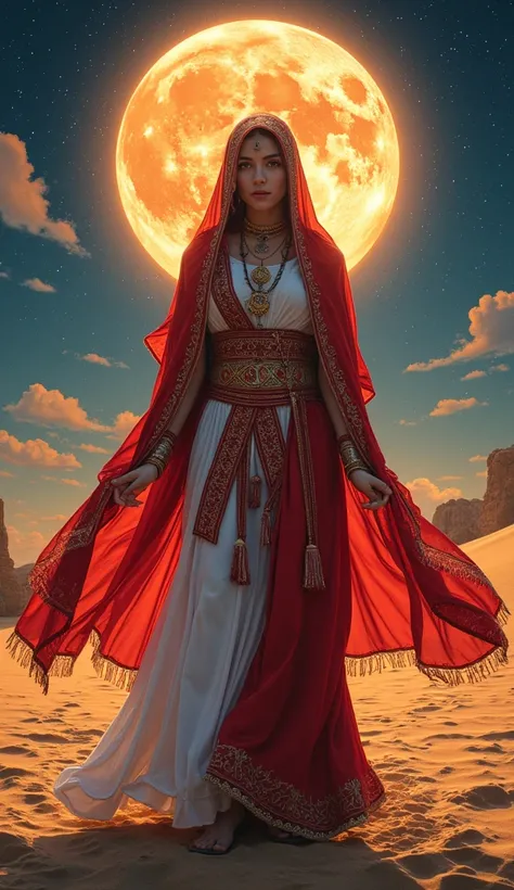 Create a surreal very realistic high details masterpiece capturing the essence of the New Moon in Scorpio. The scene should be a hand-drawn marvel with 32k resolution, featuring a full-body figure of an Arabian modest, cute woman standing realistic details...