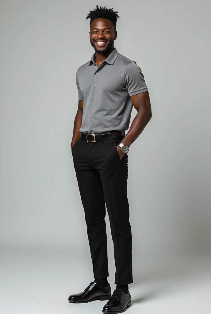 full-body image of the young Black entrepreneur with a silver watch and a ring correctly placed on the finger beside the thumb (index finger) and wearing a grey polo t-shirt and black trouser and black British loyal foremen shoes with black socks.