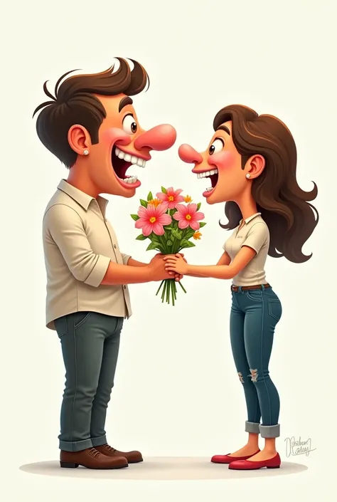 funny caricature of a guy giving flowers to a girl 
