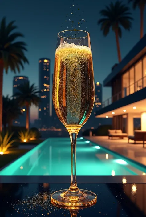 Real style image , 4k" of a trap song with a contemporary and urban style . a mansion and a pool in the background ,in the center ,  a champagne glass with bubbles rising ,, with skyscrapers .  The design must include a touch of luxury ,  with gold details...