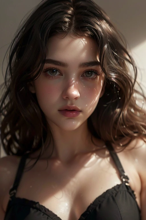 (((ultra realistic))) Photo, masterpiece, top quality, pale skin, (Ultra detailed face and eyes:1.2), 1 girl, gloomy atmosphere, Dark background, (Eye makeup, mascara) , ((Dark wavy hair)) , ((Stylish hairstyle)) , Natural breasts, [[Slim waist, slender bo...