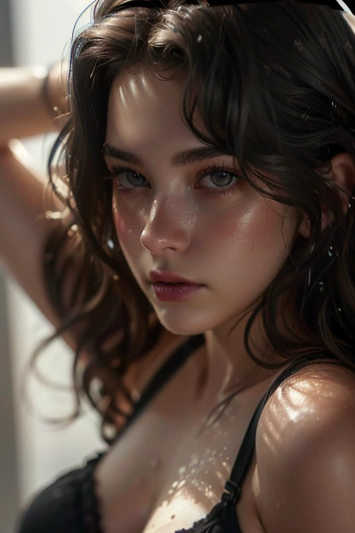 (((ultra realistic))) Photo, masterpiece, top quality, pale skin, (Ultra detailed face and eyes:1.2), 1 girl, gloomy atmosphere, Dark background, (Eye makeup, mascara) , ((Dark wavy hair)) , ((Stylish hairstyle)) , Natural breasts, [[Slim waist, slender bo...