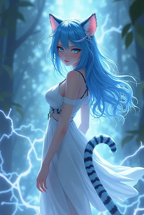  woman ,electrical forces,white tiger ears,white tiger tail,anime stylization ,blue hair 