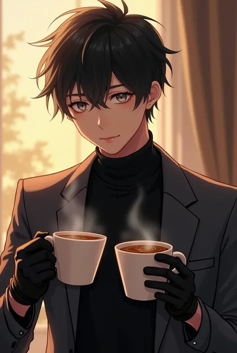 Bright room, Boy,  dark hair ,  smooth light face ,  big light gray eyes,  eyes glow gray ,  black turtleneck , grey black suit ,  leather black gloves ,  holds two mugs of hot coffee ,  one mug reaches out to you ,  soft creamy warm shades ,  sensuality ,...