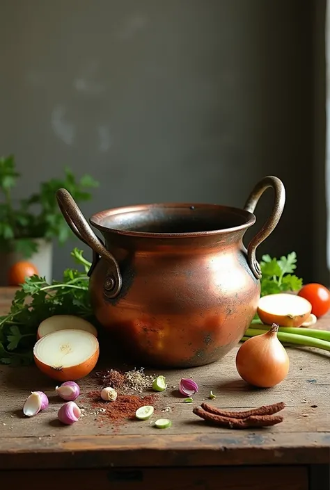  An old wooden table ,  a two-winged copper pot,  onions scattered on the table , cilantro, scallion, tomato, Garlic and spices 